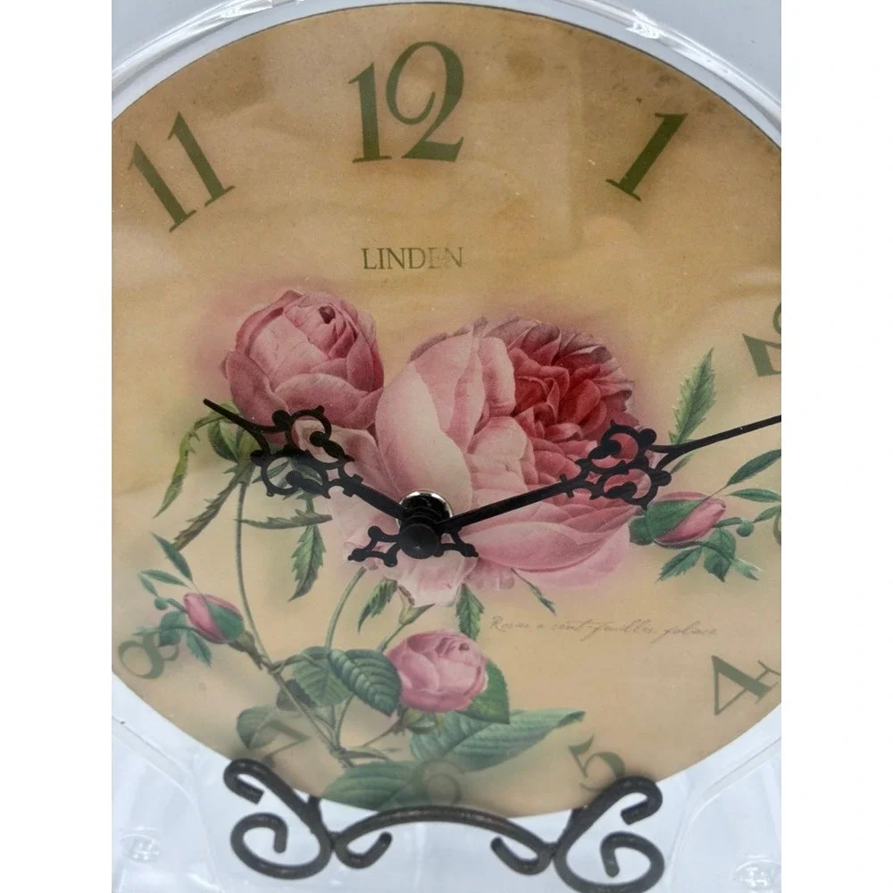 NEW Linden Roses Decorative Plate‎ Clock Vintage Floral Quartz Table Wall Stand
